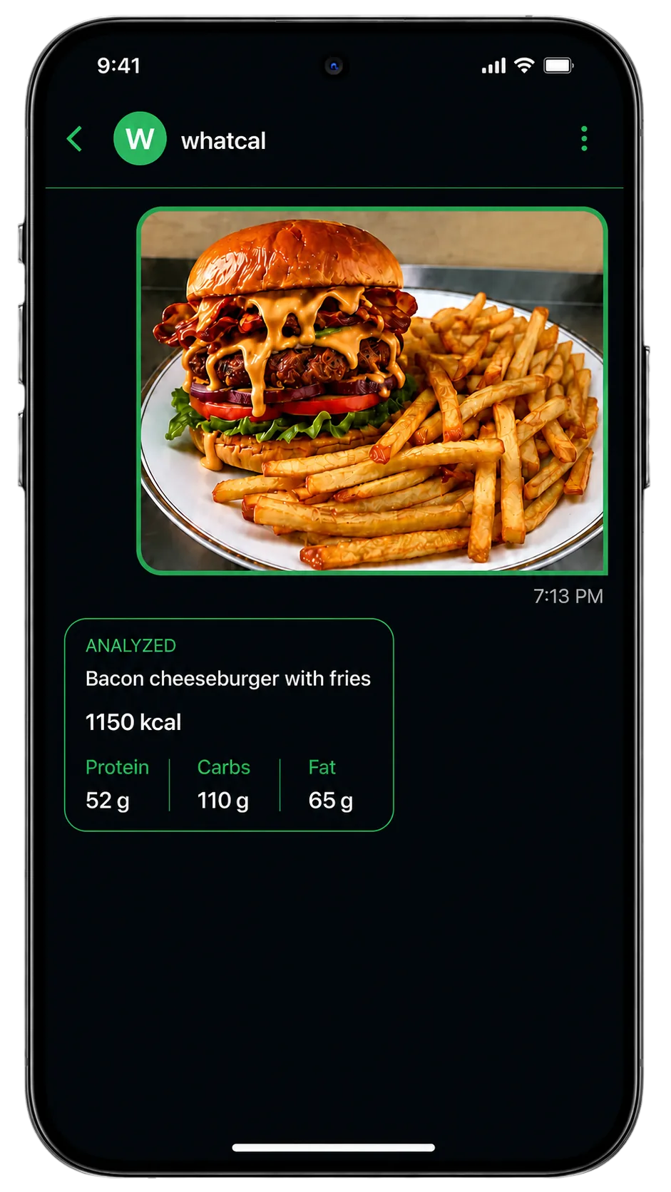 whatcal chat on a phone showing a photo of a bacon cheeseburger with fries analyzed at 1150 kcal